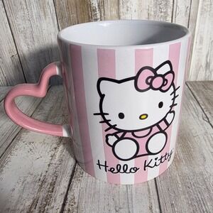 Sanrio Hello Kitty Pink Striped Ceramic Mug Heart Handle 20oz Silver Buffalo